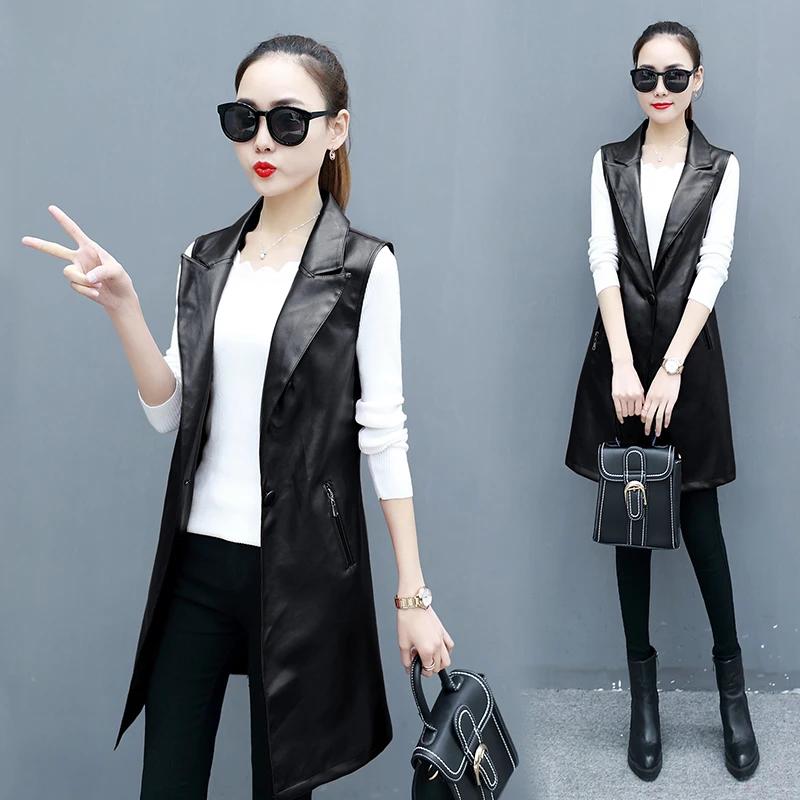 

Plus Size 3XL 2018 High Quality PU Leather Red Women's Vest Long Leather Coat Female Spring Waistcoat for Women Feminine jacket