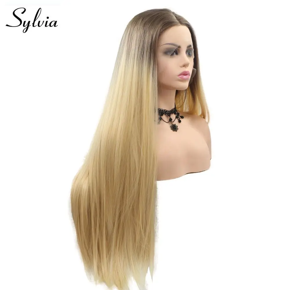 Sylvia, ручная вязка, шелковистые, прямые, Омбре, блонд, коричневые волосы, корни, свадебные волосы, парики, синтетические волосы на кружеве, парики для женщин, повседневная одежда