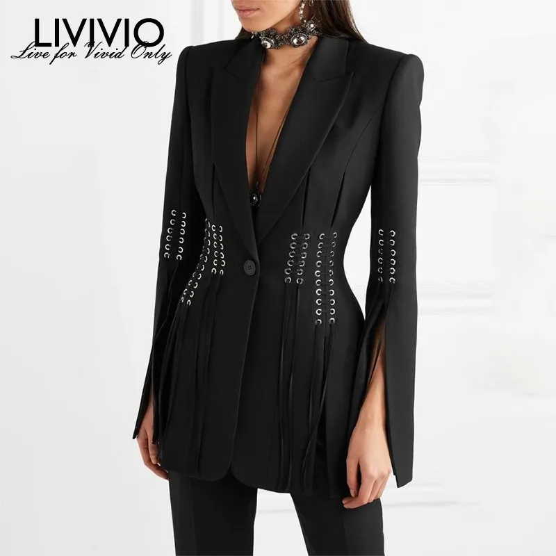 [LIVIVIO] уличная туника, на шнуровке, с талией, с длинным рукавом, черный, с зубчатым воротником, Блейзер, Женское пальто, осень, женская модная одежда
