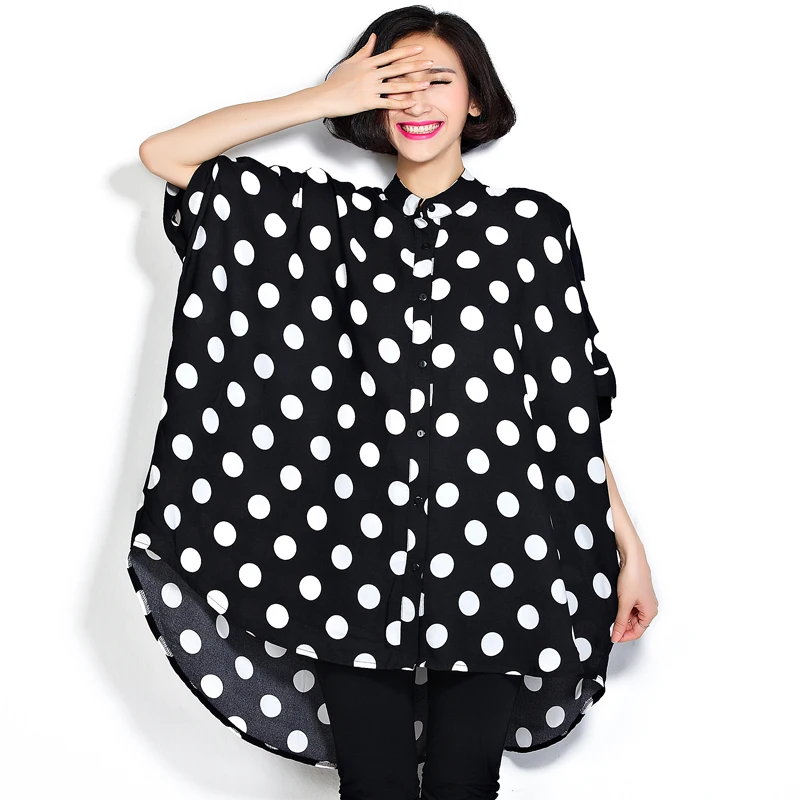 

Women Plus Size Blouse Chiffon Summer Polka Dot Large Size Tops Oversize Female Casual Black Batwing Sleeve Blouse