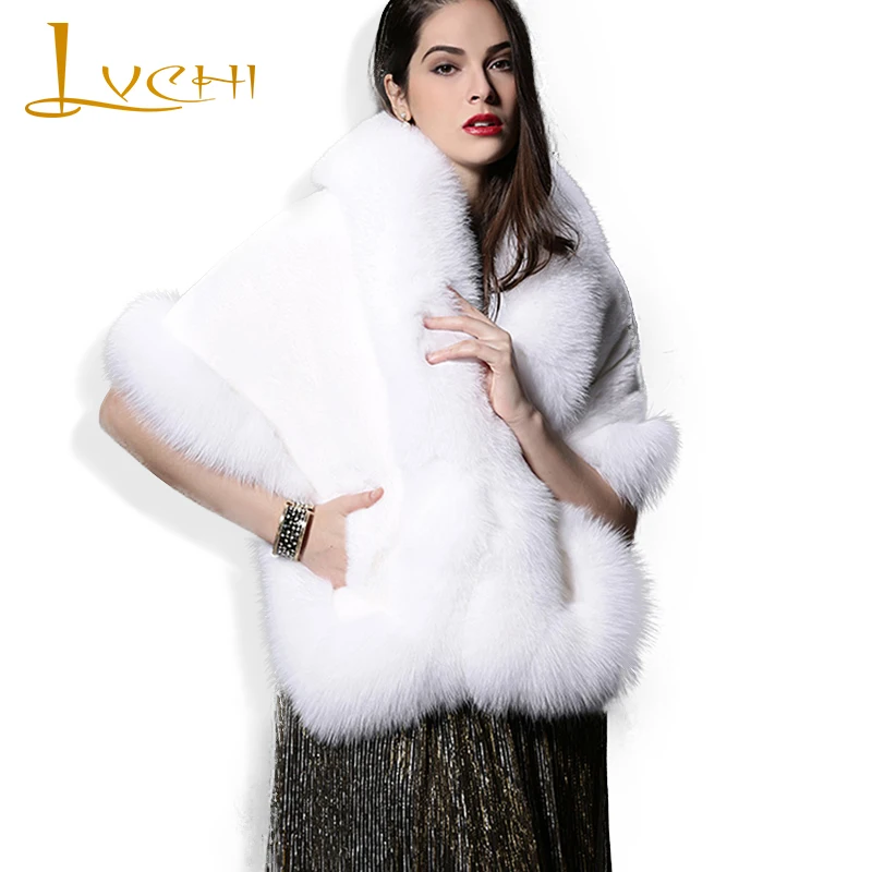 

LVCHI Winter 2019 Short Sleeve Real Fox Fur Coats Import Mink Full Pelt Coat Women's Shawl Warm Fahion Causal Slim Shawl Coats