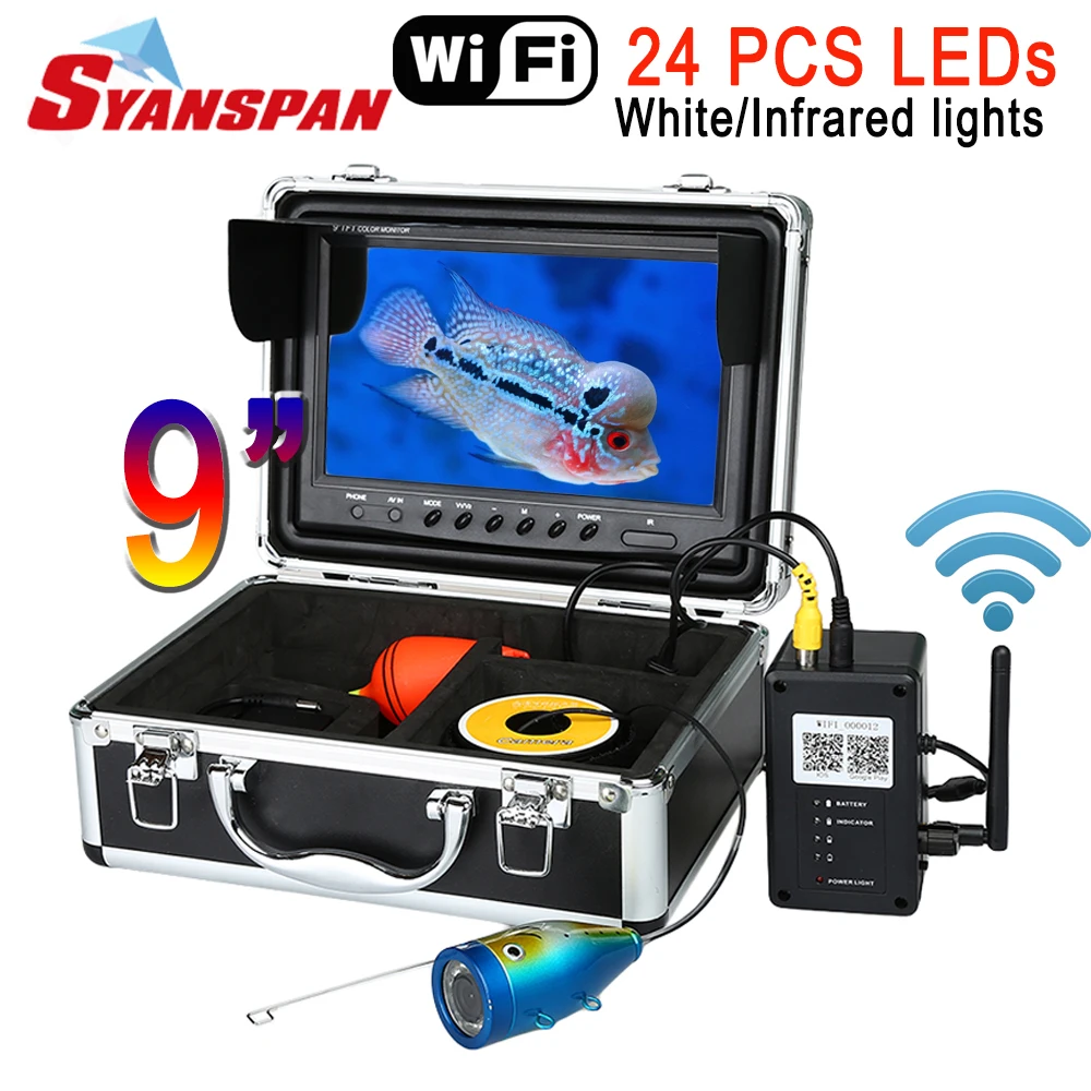 SYANSPAN 9 ''Беспроводной Wi-Fi рыболокатор видео камера для Android/IOS IP68 HD 1000TVL Подводные рыболовные эхолоты 24 белых светодиодов