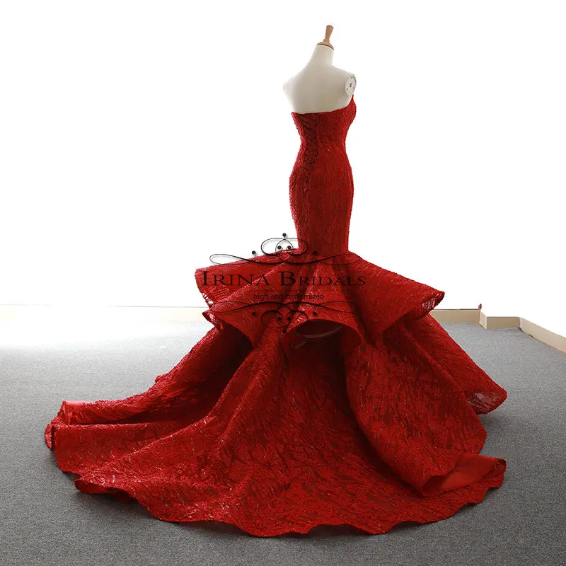 Robe mariage без бретелек кружева плиссированные Русалка красное свадебное платье