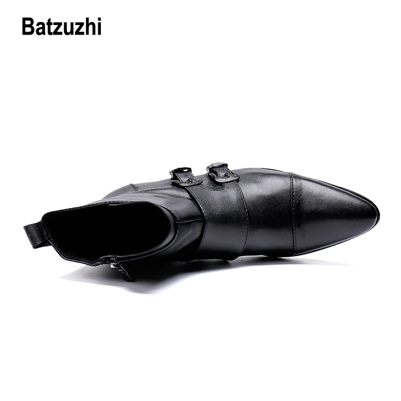 Batzuzhi Fashion Men Shoes Boots Pointed Soft Genuine Leather Buckles Motorcycle Knight Work for Big US12 |
