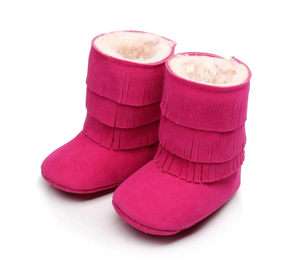 Детские мокасины; Moccs; зимние ботинки для маленьких девочек и мальчиков; из искусственной кожи прочная обувь с бахромой для малышей; нескользящие ботинки на мягкой подошве; 0-24 месяца - Цвет: hot pink