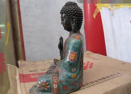 Тибет Буддизм Фейн 100% Pure Bronze перегородчатой Амитабха Татхагата Статуя Будды