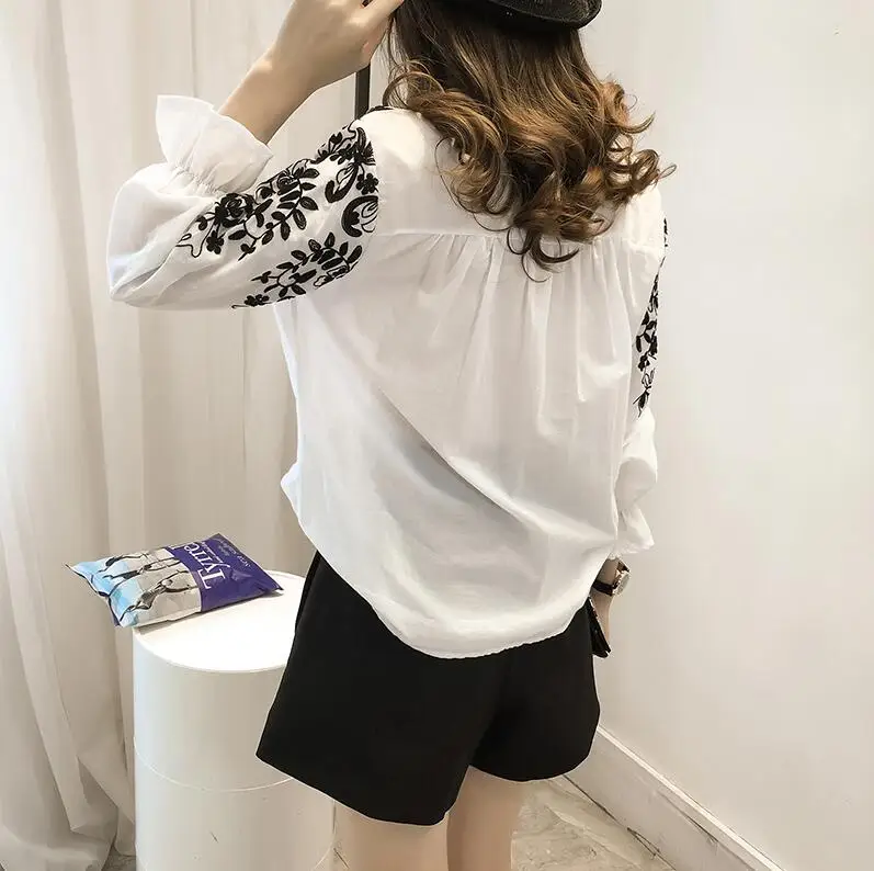 Блузка с вышивкой хлопковое нижнее белье женская блузка camisas femininas белые черные