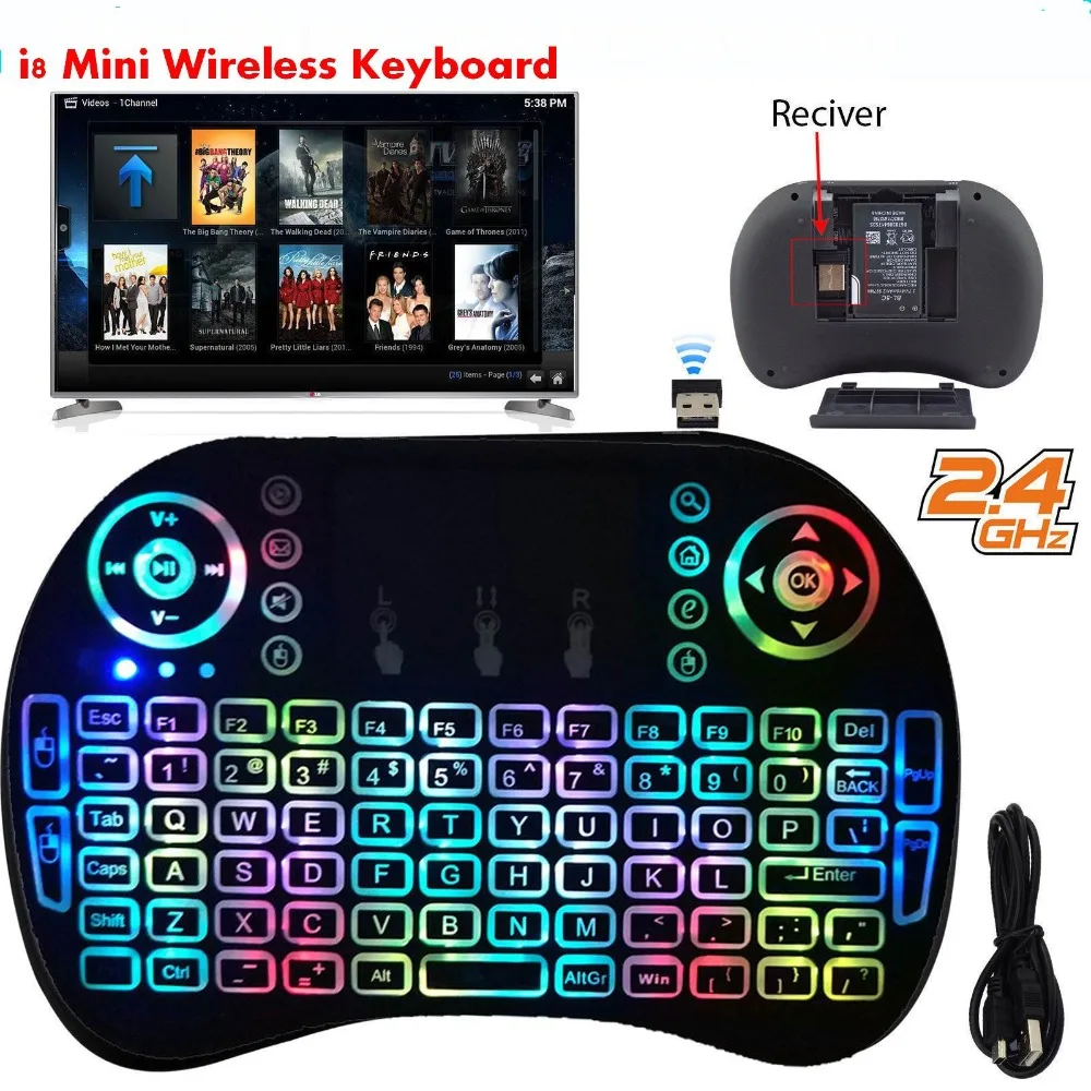 Беспроводная мини клавиатура 2 4 ГГц I8 RGB 7 цветов с подсветкой i8 Английский
