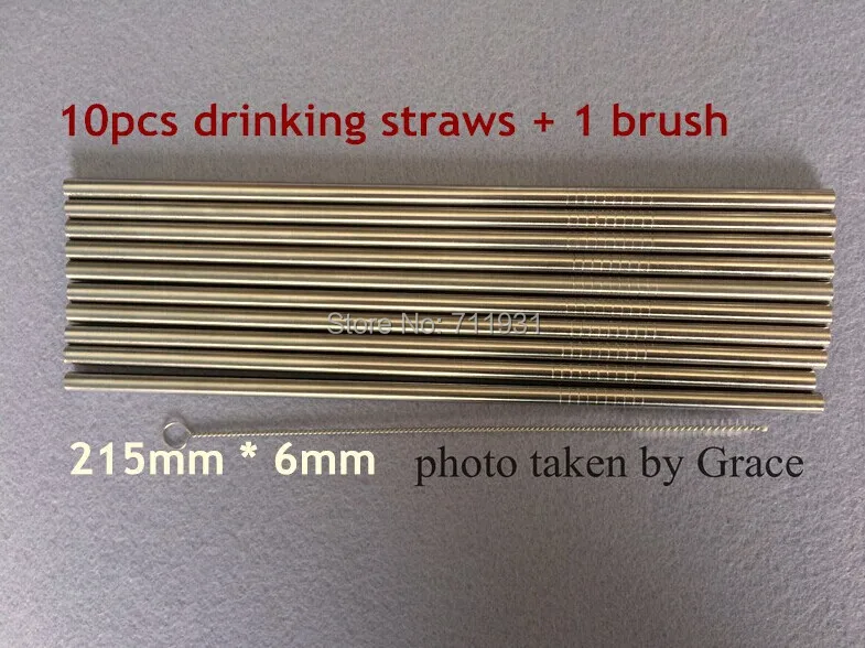 

Free shipping 10pcs stainless steel drinking 215mm * 6mm straws + 1 brush rust free round ends