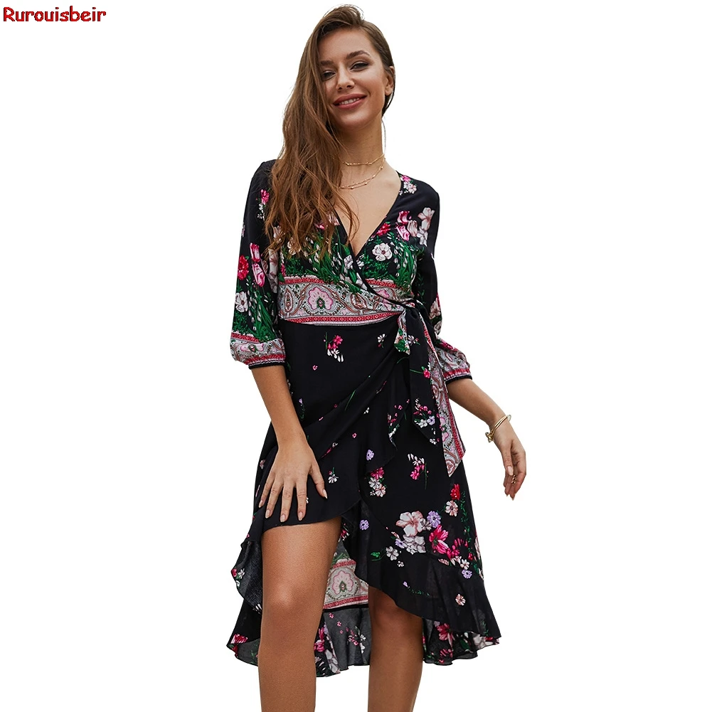 2019 летнее женское платье с v-образным вырезом цветочным рисунком гофрированные
