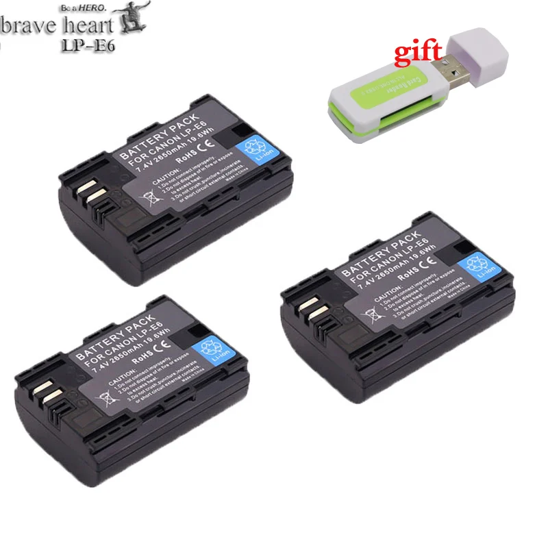 3battery Лидер продаж LP-E6 LP E6 E6N LPE6 2650 мА/ч, Камера Аккумуляторы для canon 5D Mark II III 7D 60D EOS 6D 80D для Аксессуары для canon - Цвет: 3battery