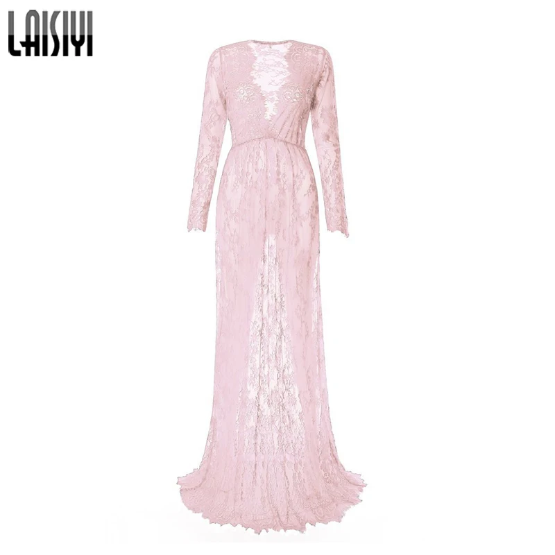 Pink LAISIYI, женские сексуальные платья, осень, длина до пола, черное, белое, кружевное платье, регулировка талии, прозрачные, цветочные, DR5046 - Цвет: Pink