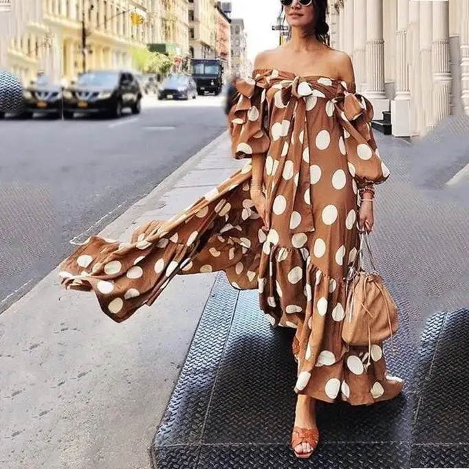 Женское богемное пляжное платье макси белое платье-трапеция в горошек с длинным