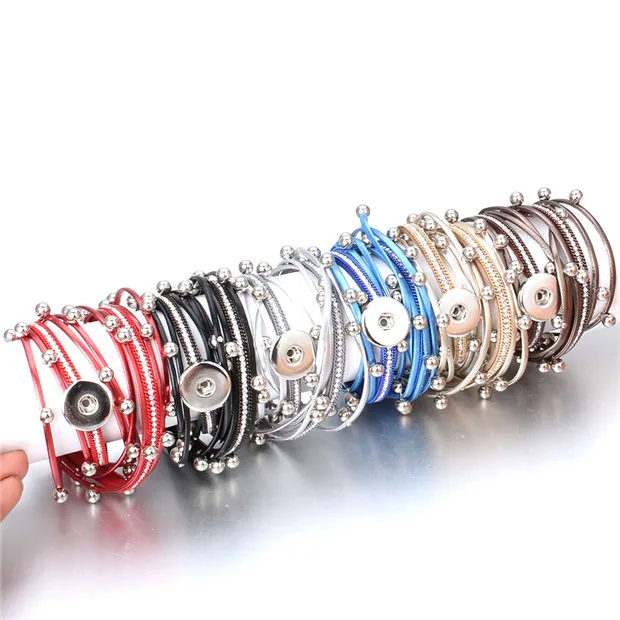 New Snaps Jewelry Vintage Crystal Leather 18mm Snap Button Bracelet Bangle Punk Multilayer Leather Bracelet Wrap Bracelets
