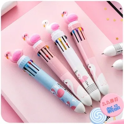 

36pcs/set Hot Sale Cartoon Silicone Multi-color Flamingo Ballpoint Pen Ten-color Press Pen Unicon Ten Colour Ball Pen