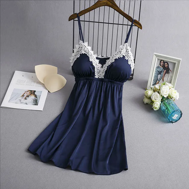 71 deep blue 1 piece Атласная пижама с подушками на груди, сексуальные женские пижамные комплекты, кружевная Пижама для сна, комплект из 4 предметов, элегантная домашняя одежда для сна - Цвет: 71 deep blue 1 piece