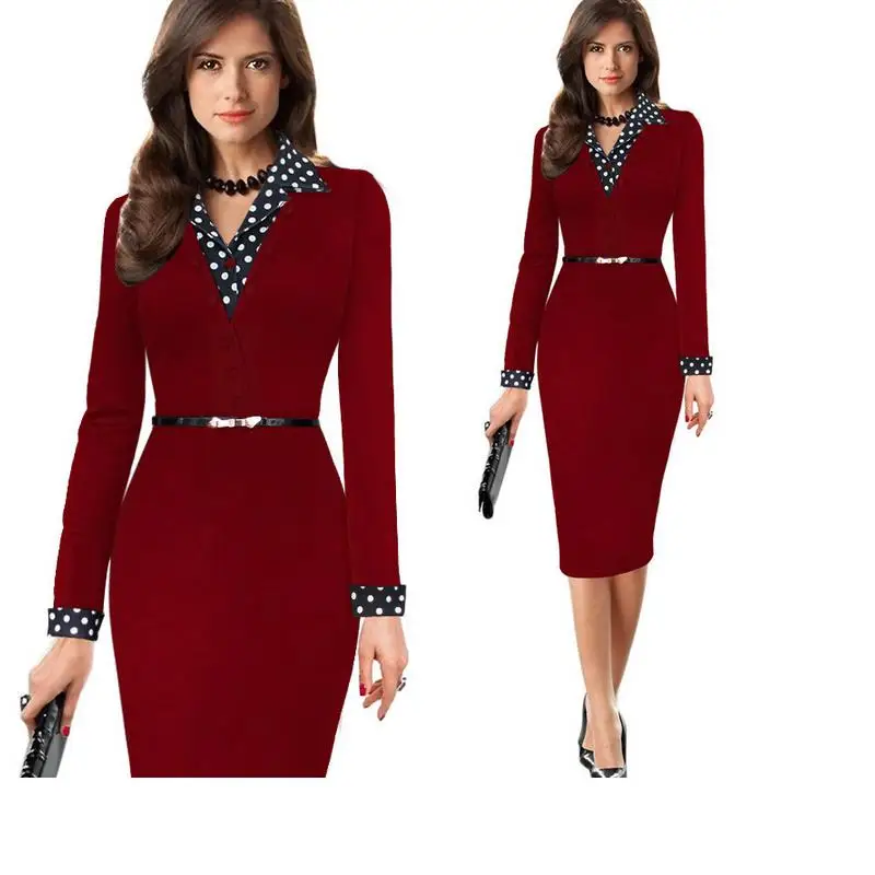 Женское платье-карандаш до колен с V-образным вырезом и длинным рукавом | Женская