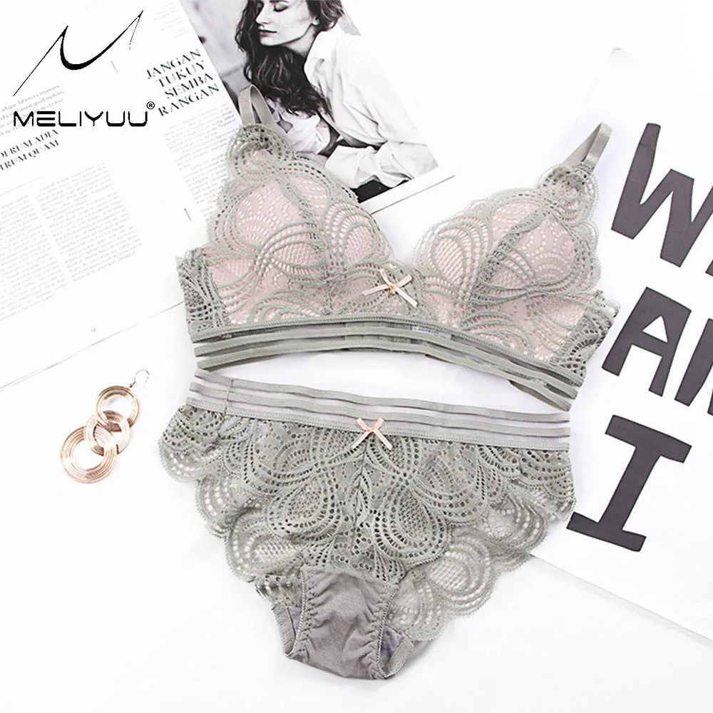 Women Lace Bra& Brief Sets Wireless Deep V Push Up Bralette Sexy Lingerie Brassiere Underwear Size 30 32 34 36 38 A B C Cup