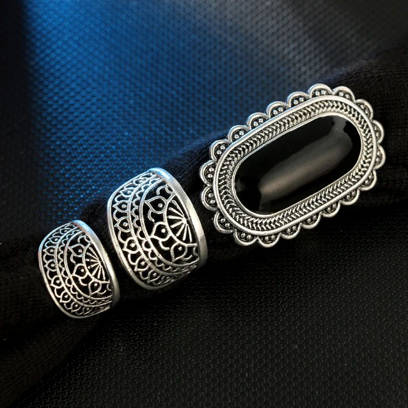 Docona марочные кольца, серебро, цвет, большие, черные стразы, кольца для женщин, племенной камень, полый цветок, на кончик пальца, кольцо миди, Boho Jewelry 4174