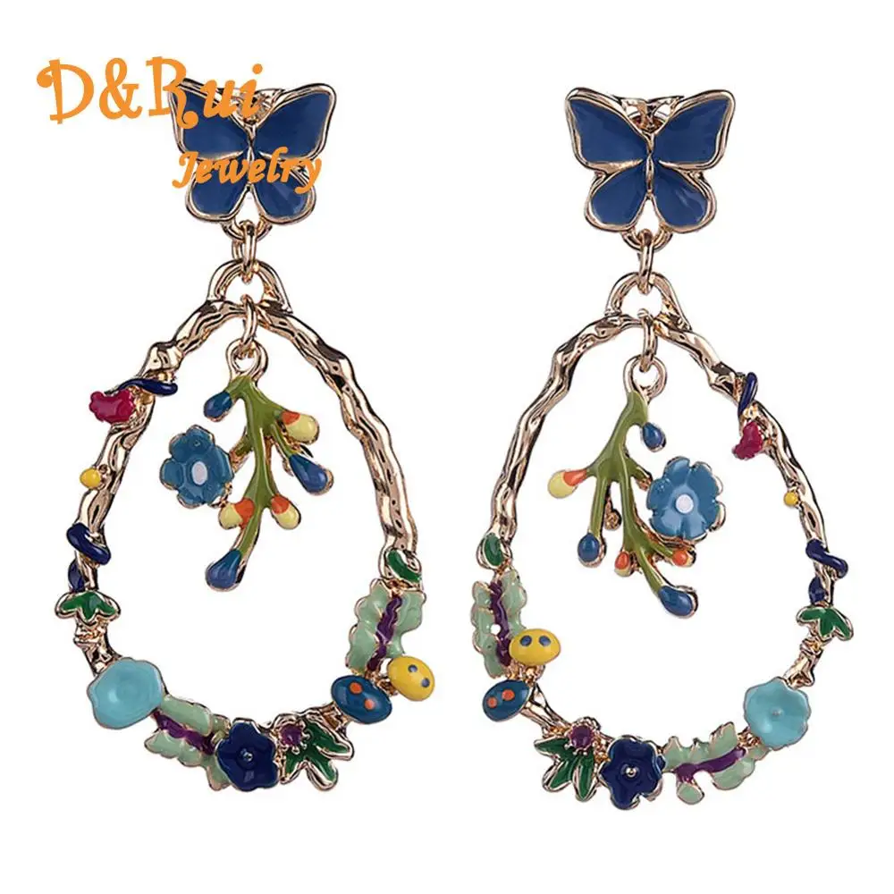 Женские длинные серьги подвески с цветком бабочки золотистые капли подарок