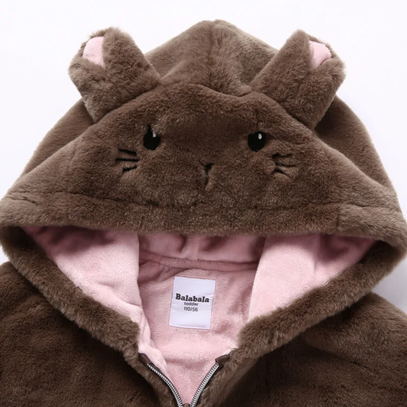 Balabala Toddler Girl Critter Rabbit Fur Hooded Jacket Silky Polyester with Ribbed Cuff and Hem Kids Zip Lined Hood | Детская одежда и