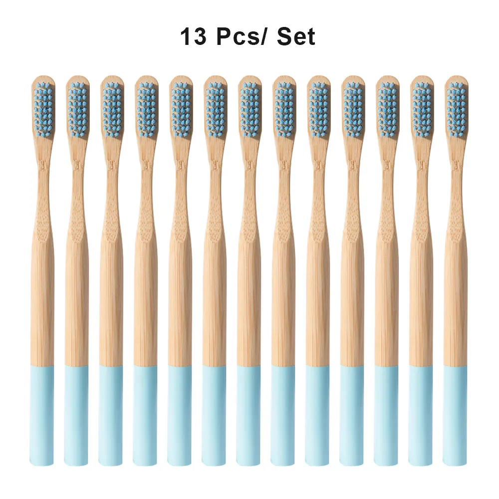13pcs light blue Экологически дерево зубная щетка "Радуга" Бамбук 12/13 шт. Зубная щётка бамбуковое волокно деревянная ручка зубная щетка отбеливание красочный - Цвет: 13pcs light blue