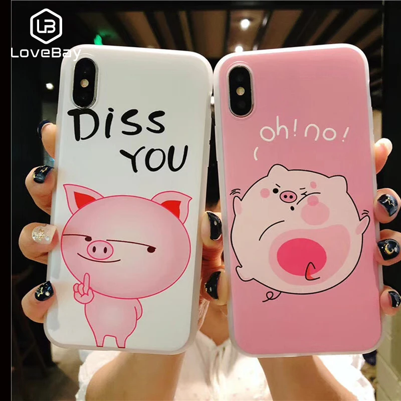 Lovebay For iPhone 6 6S 7 8 Plus X Case Fashion Cartoon Cute Funny Pink Pig Letter Pattern Soft TPU Cover |