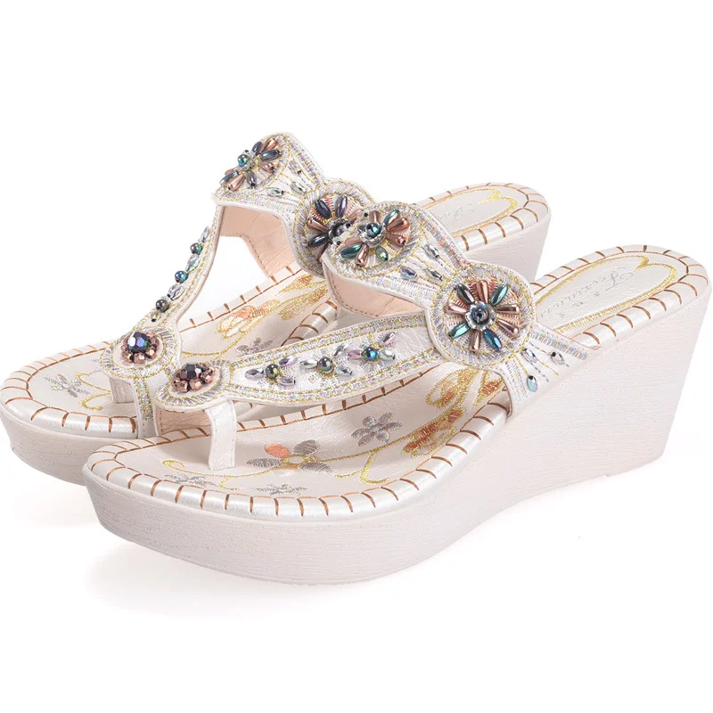 Boho/женские летние шлепанцы со стразами и кристаллами Вьетнамки с вышивкой