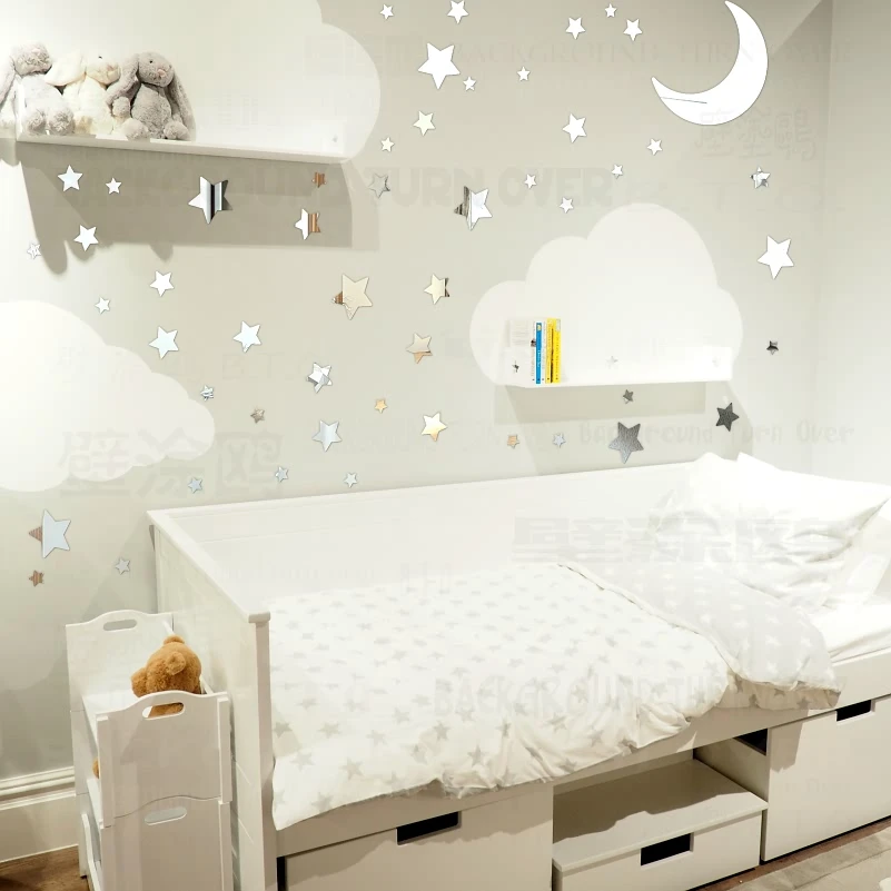 

Зеркальные Наклейки на стены, 65 шт., Наклейки на стены, Декор, звезда, луна, мерцание, для детей, для девочек, для мальчиков, младенцев, R064