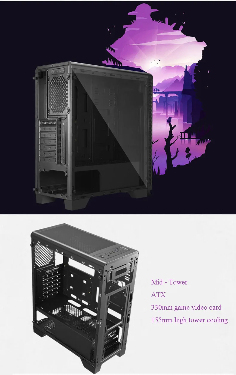 Easy DIY Mid-Tower ATX Computer Case USB3.0 Gaming Gamer Mute Side Transparent Desktop Cases Support M-ATX/ ITX Motherboard