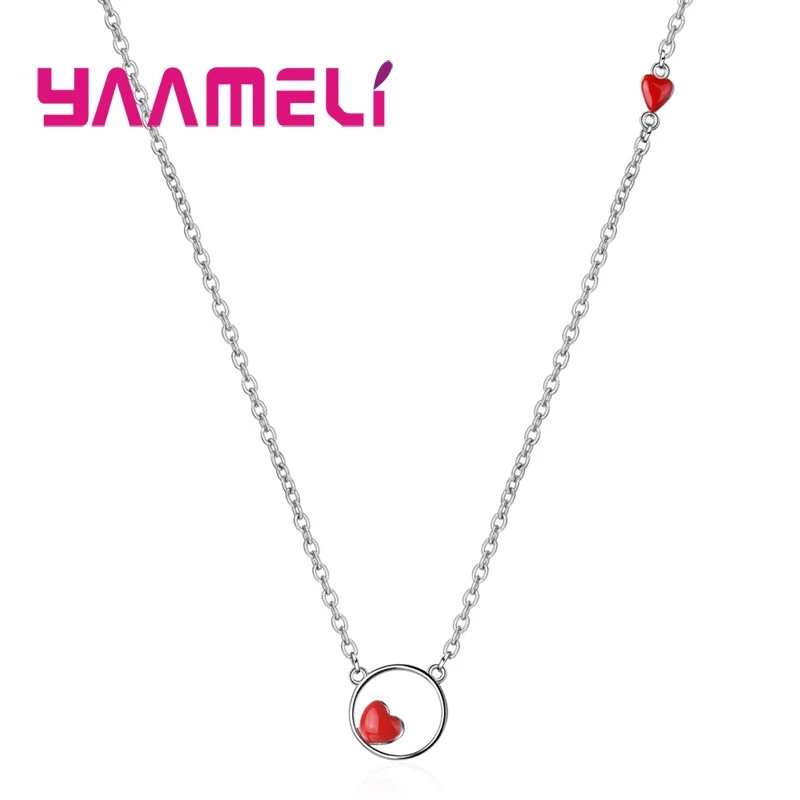 

925 Sterling Silver Red Heart Cubic Zirconia Round Circle Charm Necklace For Weeding Party Female Fashion Jewelry Gift