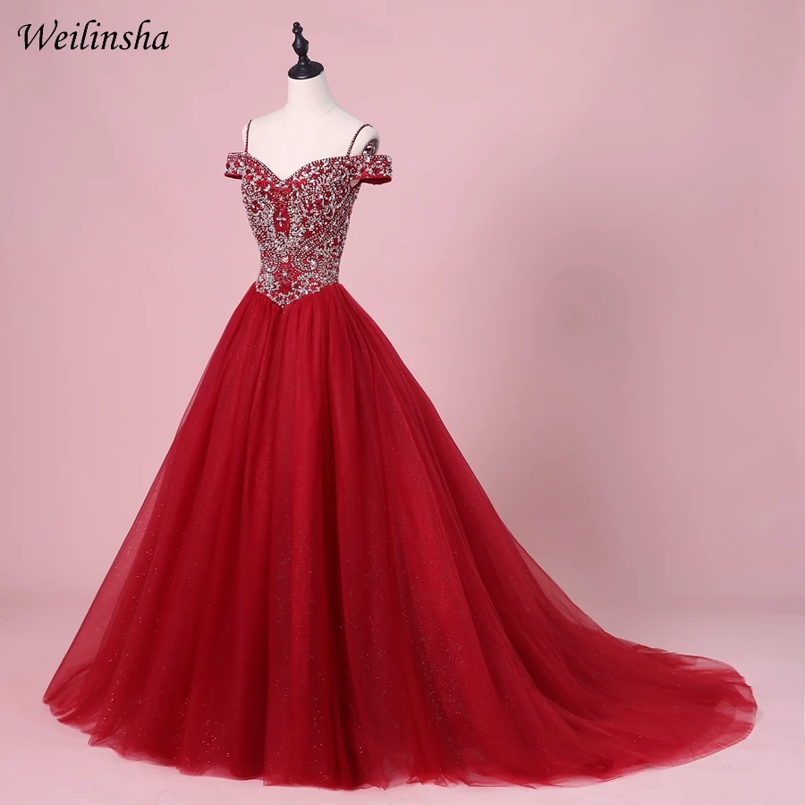 Weilinsha Burgundy Tulle Quinceanera Dresses Ball Gown Off the Shoulder Beading Crystals Sweet 16 Dress Gowns | Свадьбы и торжества