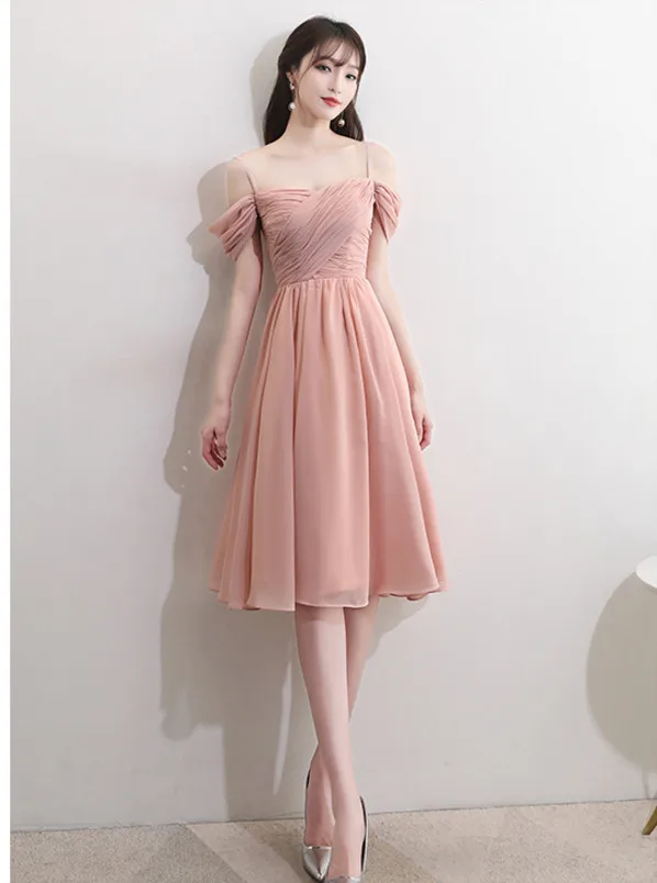 A Новые розовые платья невесты шифон Чай Длина для осени Pleat Спагетти ремень Простой Элегантный Выпускной Пром платье халат де Soriee - Цвет: A
