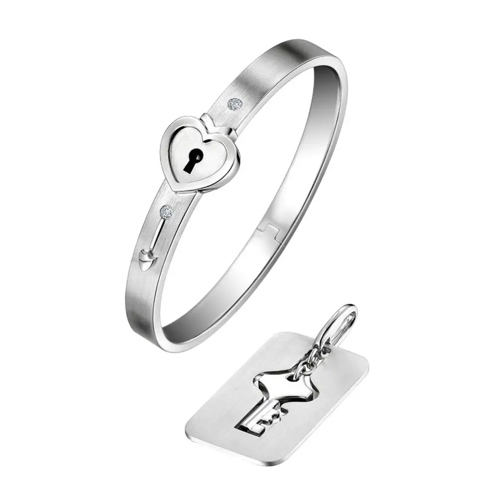 Silver Новое прибытие сердце любовь замок браслет с замком ключ кулон титановая сталь браслет пара наборы - Metal Color: Silver
