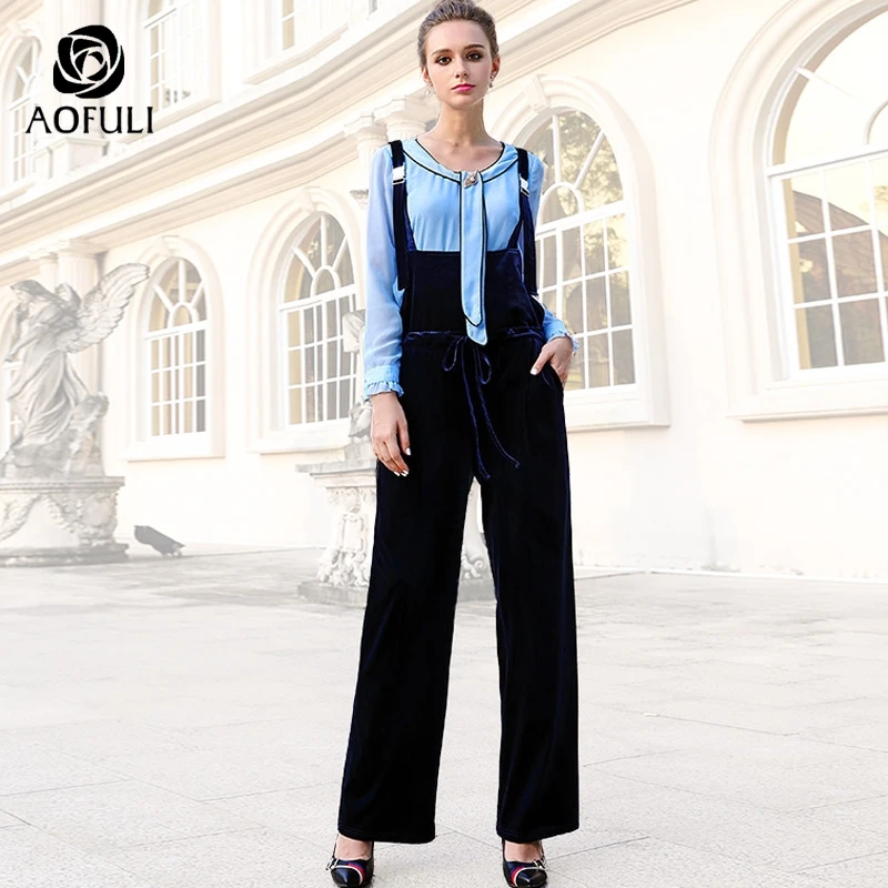 XL/2XL/3XL элегантный синий вельветовый Женский комплект блузка с длинными рукавами