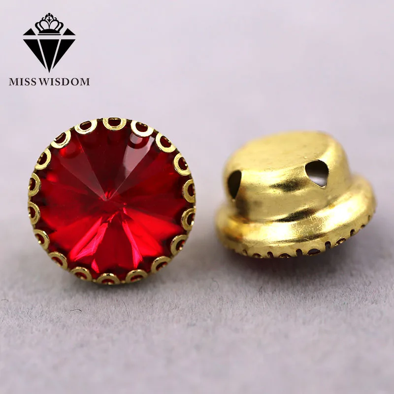 

Hot selling Red Round shape glass crystal sew on rhinestones gold base lacy claw rhinestone Diy garment/clothing accessories