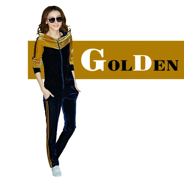 Golden Осенний Женский Золотой бархатный костюм для отдыха, комплект одежды, повседневные велюровые толстовки в стиле пэчворк+ штаны, спортивный костюм для девочек 5xl - Цвет: Golden