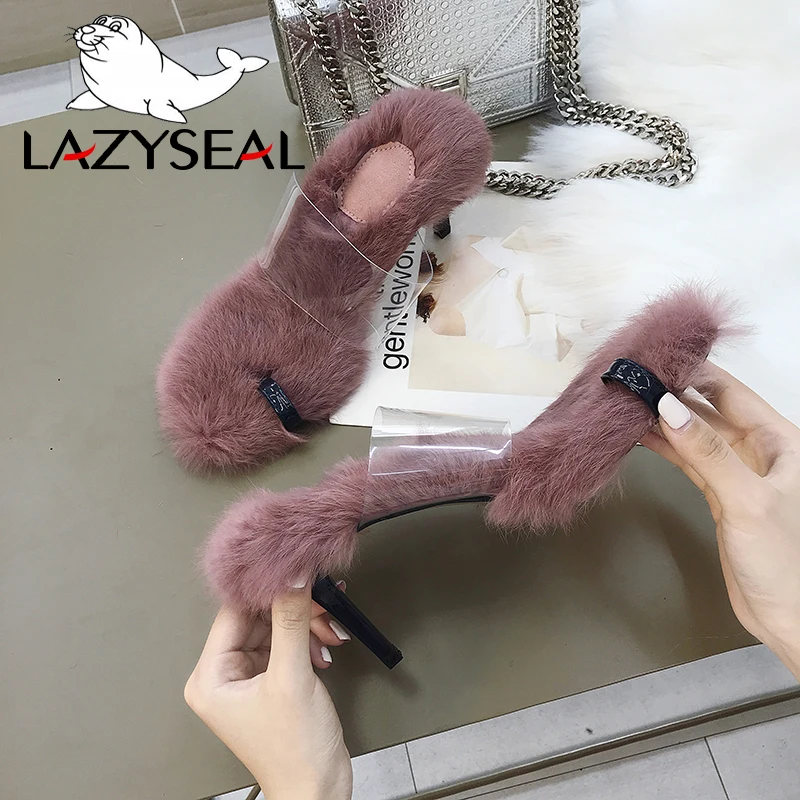 LazySeal меховые шлепанцы на высоком каблуке; женские летние меховые Вьетнамки; прозрачные женские шлепанцы; пляжные шлепанцы с открытым носком