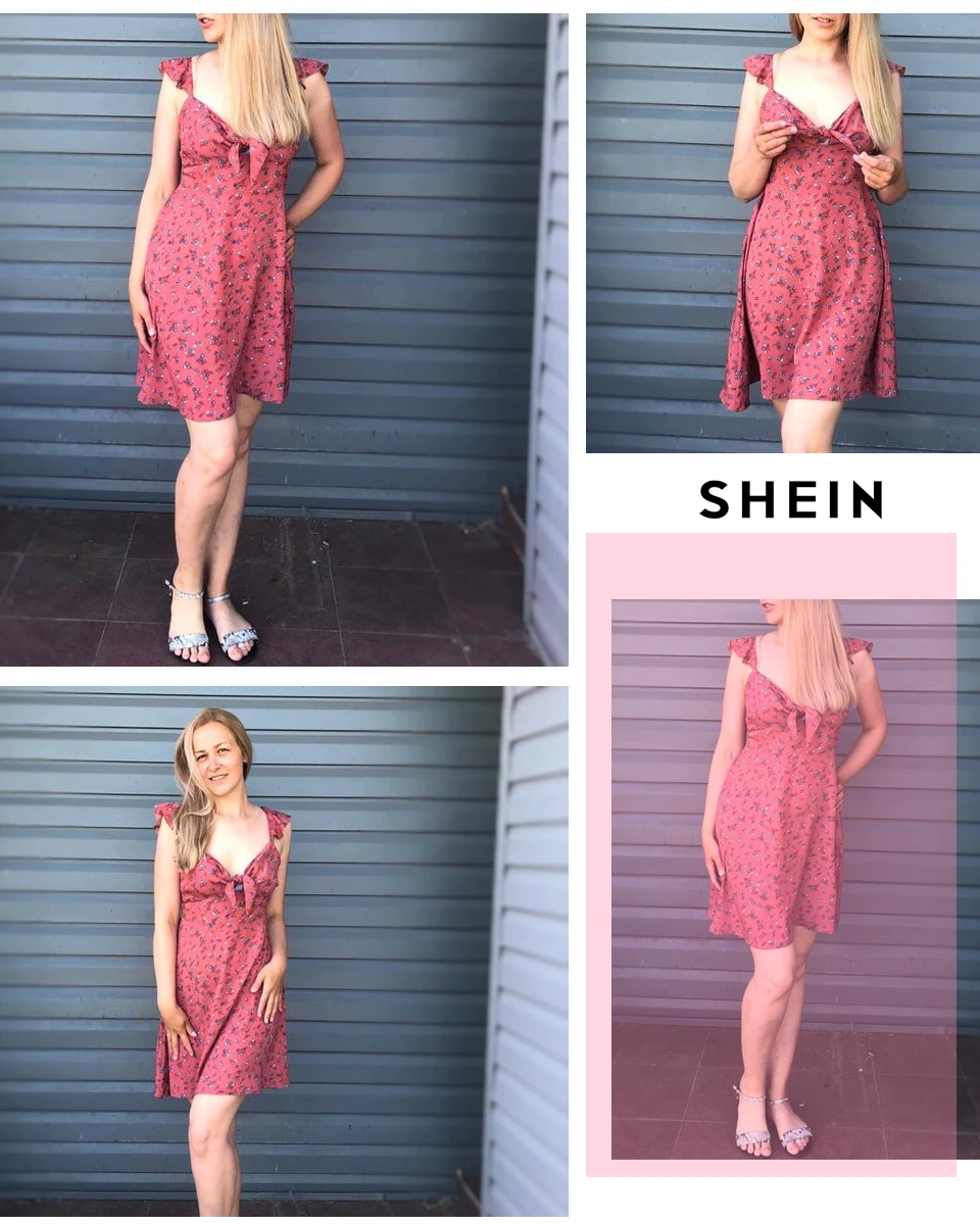 SHEIN розовое летнее платье в богемном стиле с цветочным узлом и оборкой на шее, женское Милое сексуальное платье без рукавов с v-образным вырезом и высокой талией