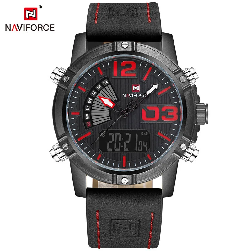 Мужские часы naviforce люксовый бренд кварцевые аналоговые цифровые кожаные часы мужские спортивные часы армейские военные часы Relogio Masculino - Цвет: black red