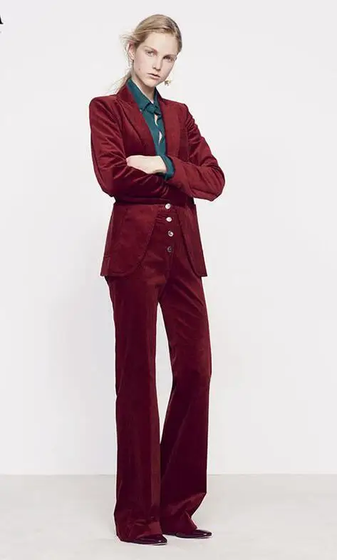 Бургундские бархатные женские деловые костюмы брюки с высокой талией офисные