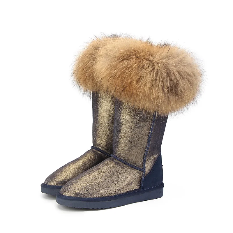 Navy Blue MBR FORCE/модные женские зимние сапоги с натуральным лисьим мехом; теплые высокие сапоги из натуральной коровьей кожи; высокие зимние сапоги для женщин - Цвет: Navy Blue