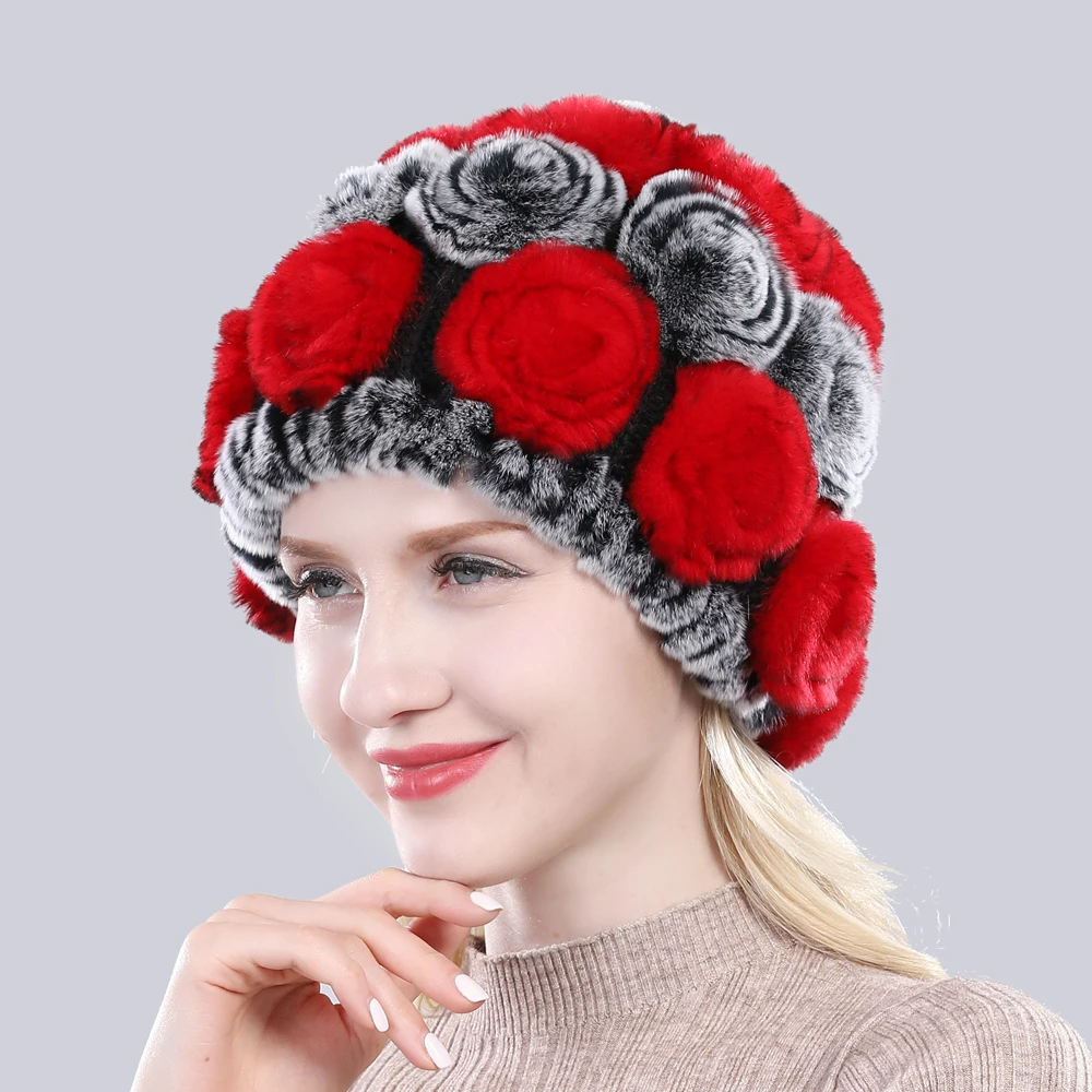 Новая Женская эластичная шапка с цветами, настоящий мех кролика, зимняя вязаная Цветочная шапка из натурального меха, женские пушистые шапки из натурального меха