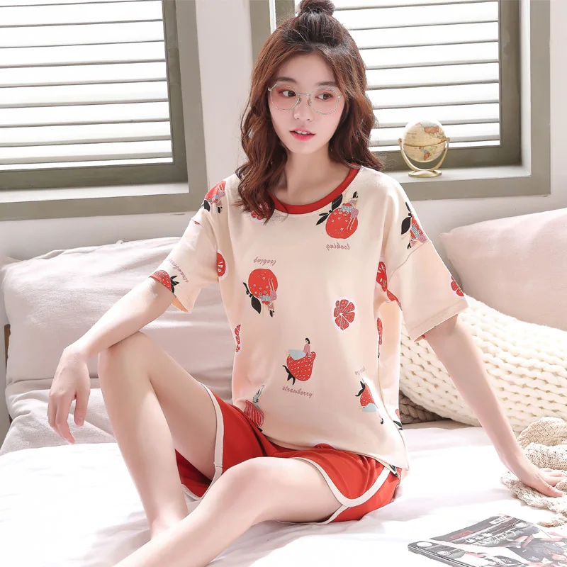 Короткий пижамный комплект с принтом клубники для женщин 2 в 1 хлопковые пижамы