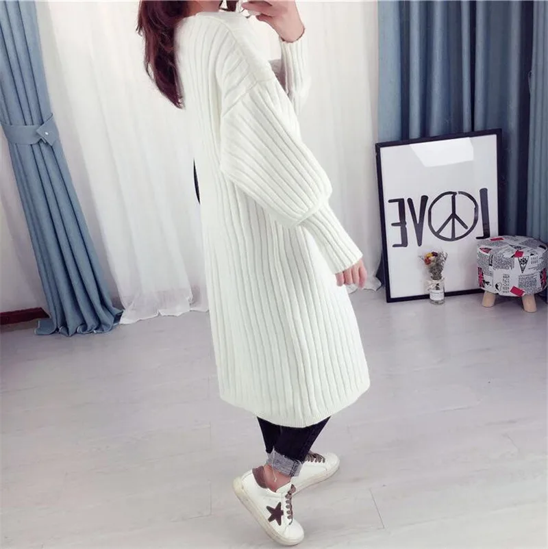 Free Size Women Autumn Long Sweater Cardigans Winter Thick Warm Solid Knitting Cardigans Puff Sleeve Slim Vestido
