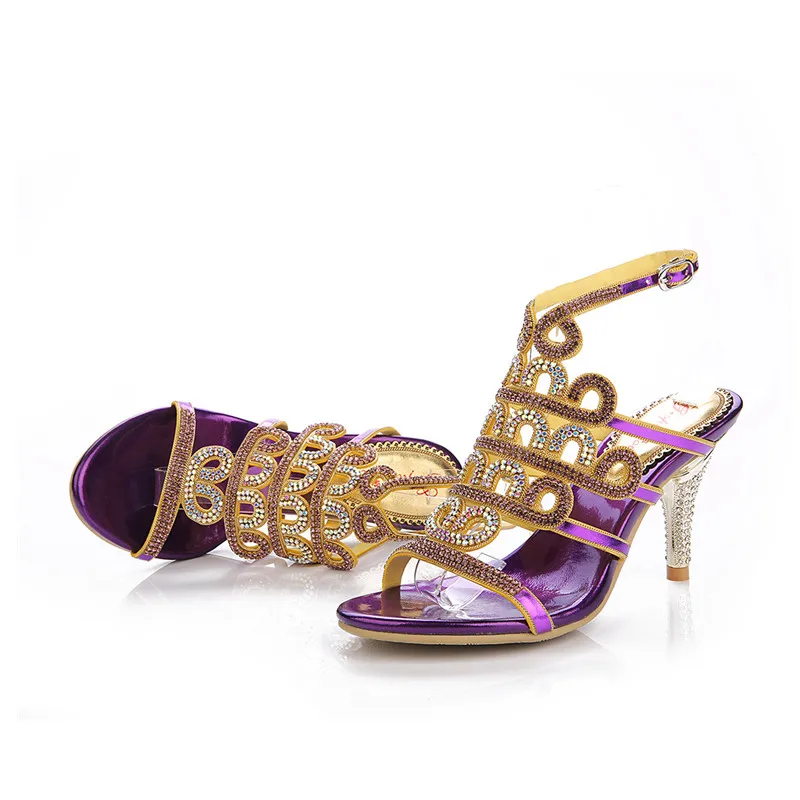 Новинка 2019 г. фиолетовые богемные сандалии на шпильках с инкрустацией в