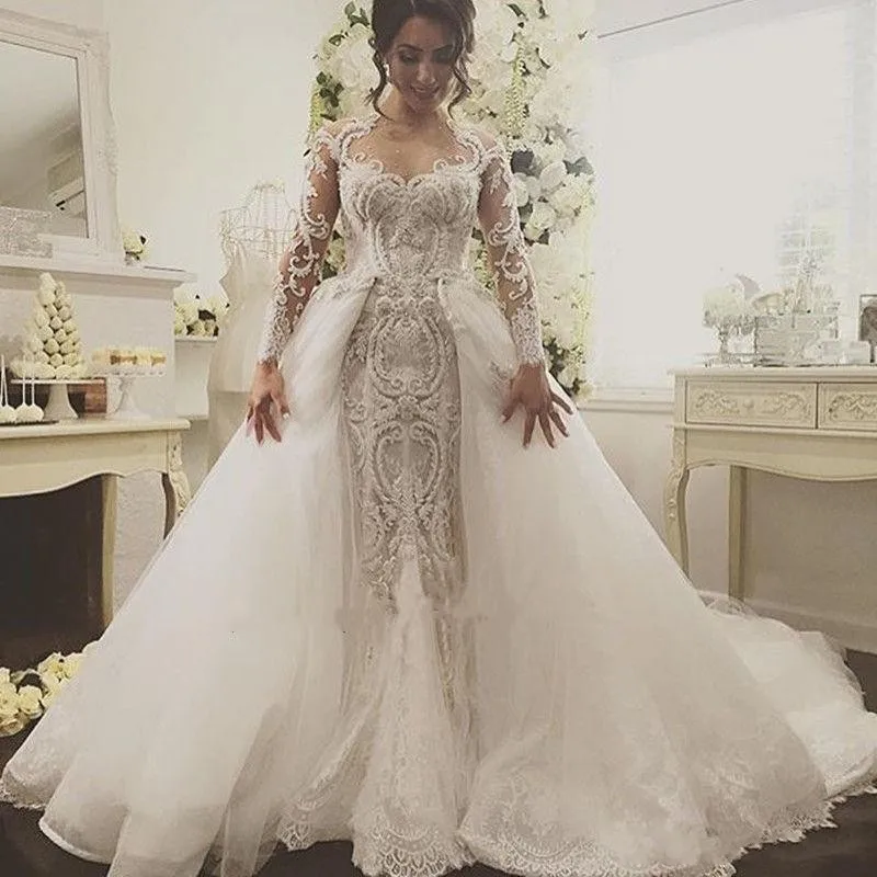 Винтажное кружевное свадебное платье русалки со съемным шлейфом халат de mariee чистая Иллюзия Свадебные платья с длинными рукавами ручной работы