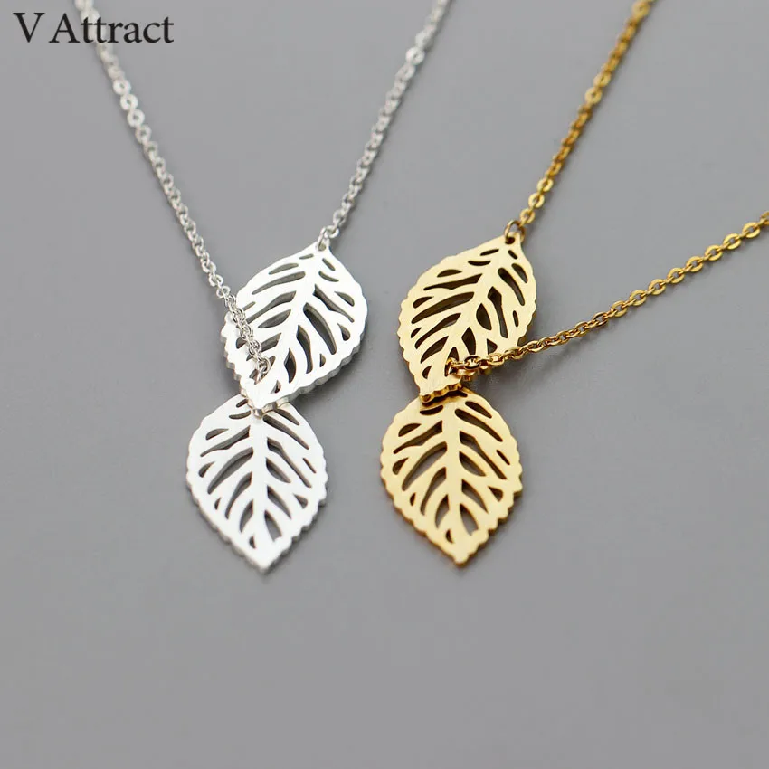 V Attract Boho Jewelry Gold Ketting Choker Women Stainless Steel Collier Double Leaf Charm Lariat Necklaces &amp Pendants | Украшения и