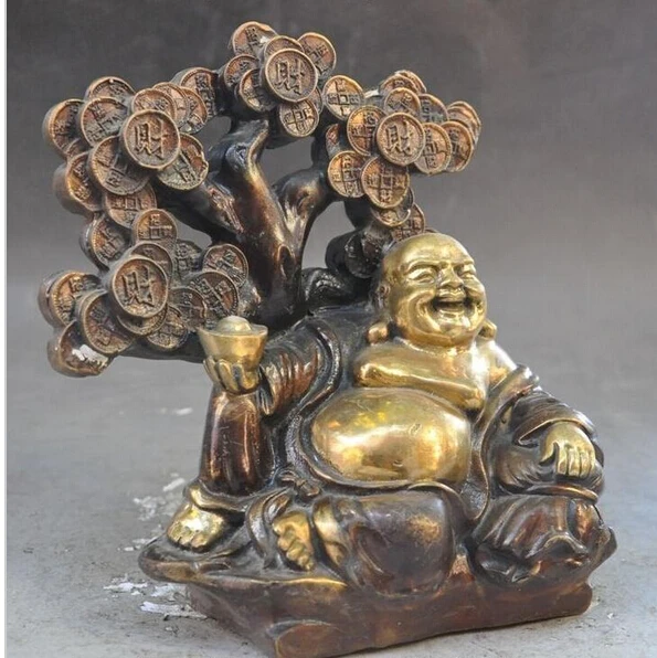 ZSR 1018 + китайский буддийский Joss бронзовый позолоченный yuanbao Money tree богатство Maitreya