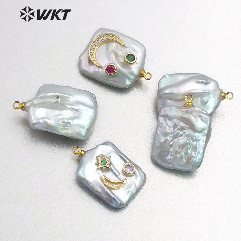 WT-MP136 Natural Freshwater Pearl&ampCZ Pave Pendant Square Shape With Gem stone pave Star Crescent Crown Bow Charm | Украшения и